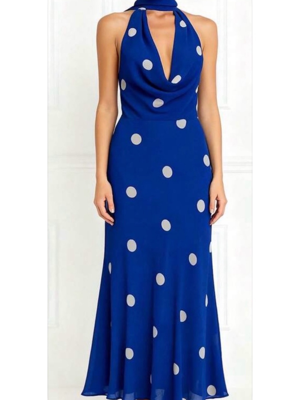 Elegant Blue Polka Dot Halter Maxi Dress